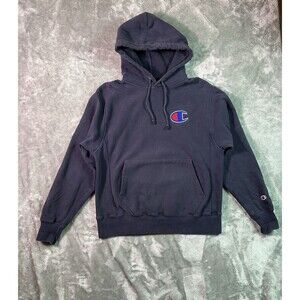 Vtg Champion Sweatshirt Hoodie Medium Navy Blue Reverse Weave Blank Embroidered
